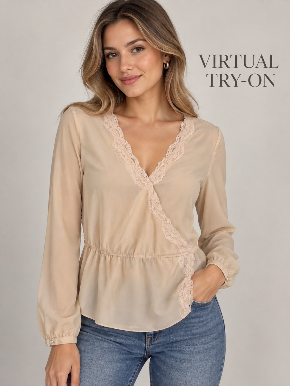 Abercrombie & Fitch Women’s XS Beige Lace Trim Wrap Blouse Sheer Peplum Top